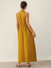 100% Linen Halter Maxi Dress with V-Neck and Side Pockets – Elegant Resort Wear