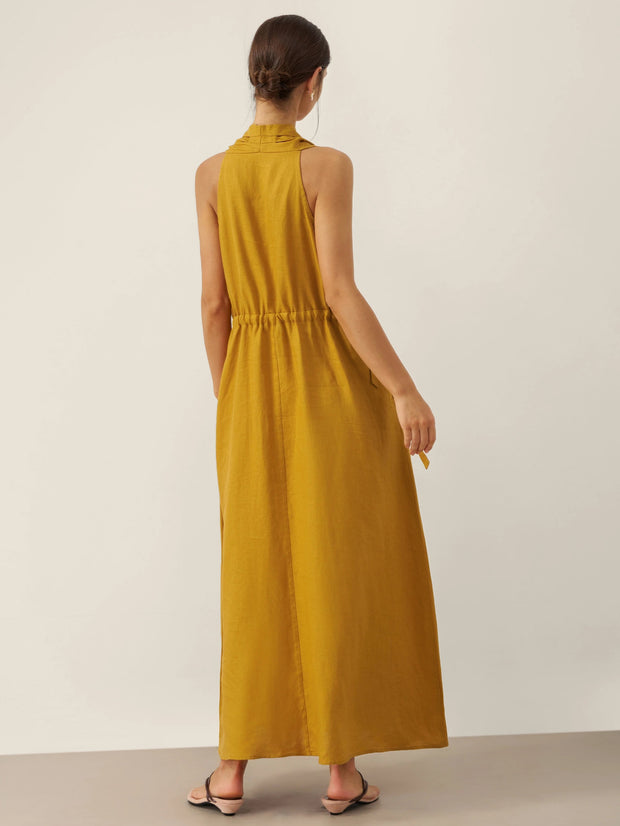 100% Linen Halter Maxi Dress with V-Neck and Side Pockets – Elegant Resort Wear