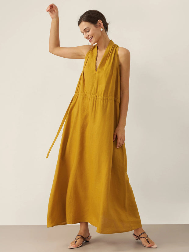 100% Linen Halter Maxi Dress with V-Neck and Side Pockets – Elegant Resort Wear