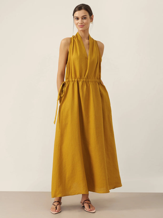 100% Linen Halter Maxi Dress with V-Neck and Side Pockets – Elegant Resort Wear