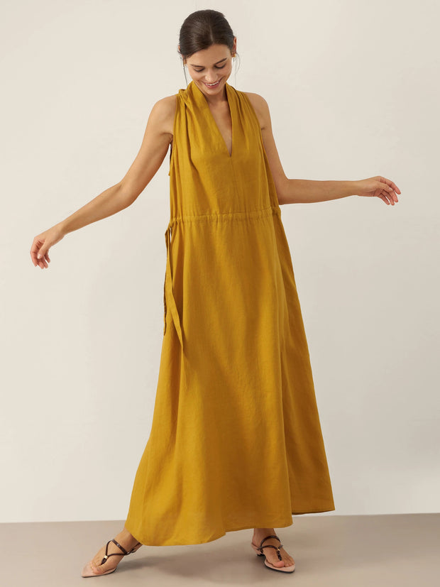 100% Linen Halter Maxi Dress with V-Neck and Side Pockets – Elegant Resort Wear