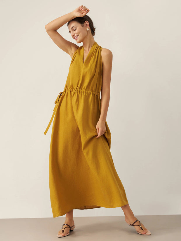 100% Linen Halter Maxi Dress with V-Neck and Side Pockets – Elegant Resort Wear