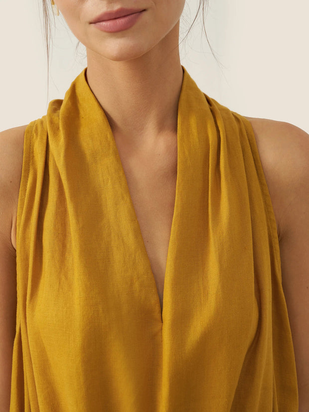 100% Linen Halter Maxi Dress with V-Neck and Side Pockets – Elegant Resort Wear