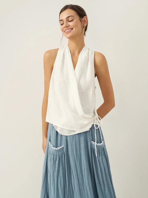 100% Linen Halter Neck Crop Top with Tie-Front Design – Breezy Summer Style