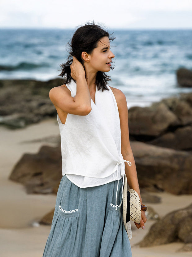 100% Linen Halter Neck Crop Top with Tie-Front Design – Breezy Summer Style