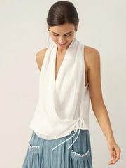 100% Linen Halter Neck Crop Top with Tie-Front Design – Breezy Summer Style