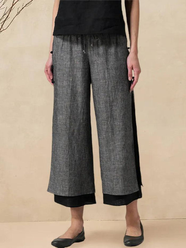 100% Linen Handmade Capri Pants with Side Buttons and Elastic Waistband – Stylish Wide Leg Design