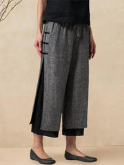 100% Linen Handmade Capri Pants with Side Buttons and Elastic Waistband – Stylish Wide Leg Design
