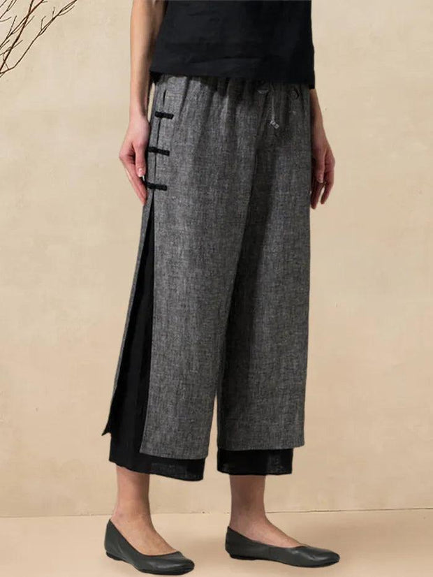 100% Linen Handmade Capri Pants with Side Buttons and Elastic Waistband – Stylish Wide Leg Design