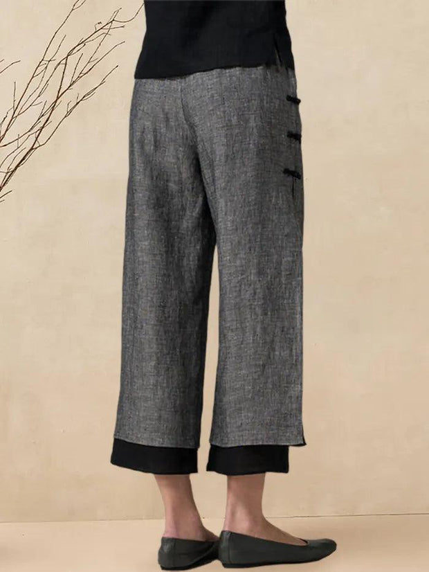 100% Linen Handmade Capri Pants with Side Buttons and Elastic Waistband – Stylish Wide Leg Design