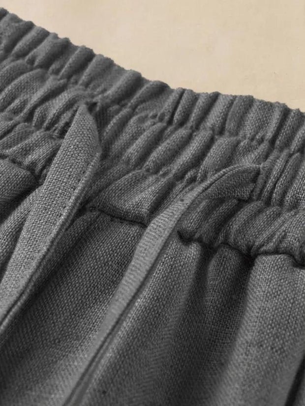 100% Linen Handmade Capri Pants with Side Buttons and Elastic Waistband – Stylish Wide Leg Design
