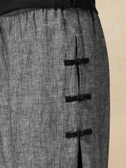 100% Linen Handmade Capri Pants with Side Buttons and Elastic Waistband – Stylish Wide Leg Design