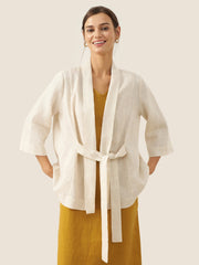 100% Linen Kimono Blazer with Adjustable Waist Tie – Stylish 3/4 Sleeve Design for Versatile Wear