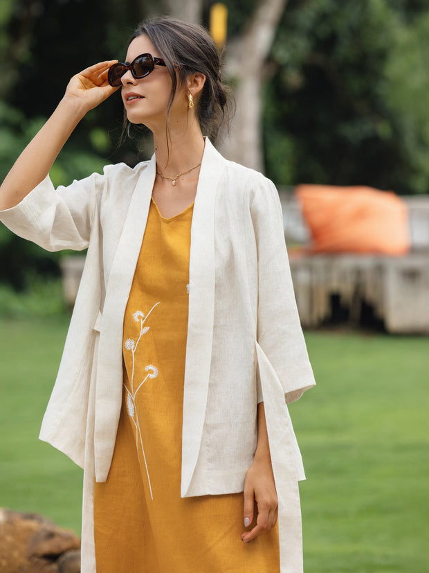 100% Linen Kimono Blazer with Adjustable Waist Tie – Stylish 3/4 Sleeve Design for Versatile Wear
