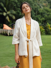 100% Linen Kimono Blazer with Adjustable Waist Tie – Stylish 3/4 Sleeve Design for Versatile Wear