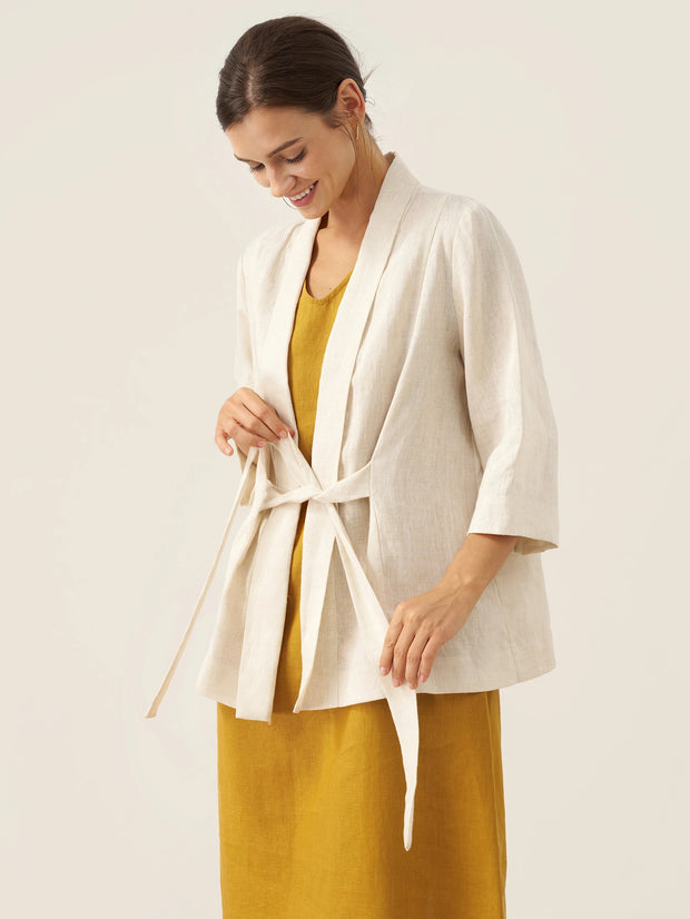100% Linen Kimono Blazer with Adjustable Waist Tie – Stylish 3/4 Sleeve Design for Versatile Wear