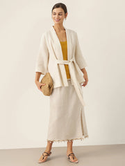 100% Linen Kimono Blazer with Adjustable Waist Tie – Stylish 3/4 Sleeve Design for Versatile Wear