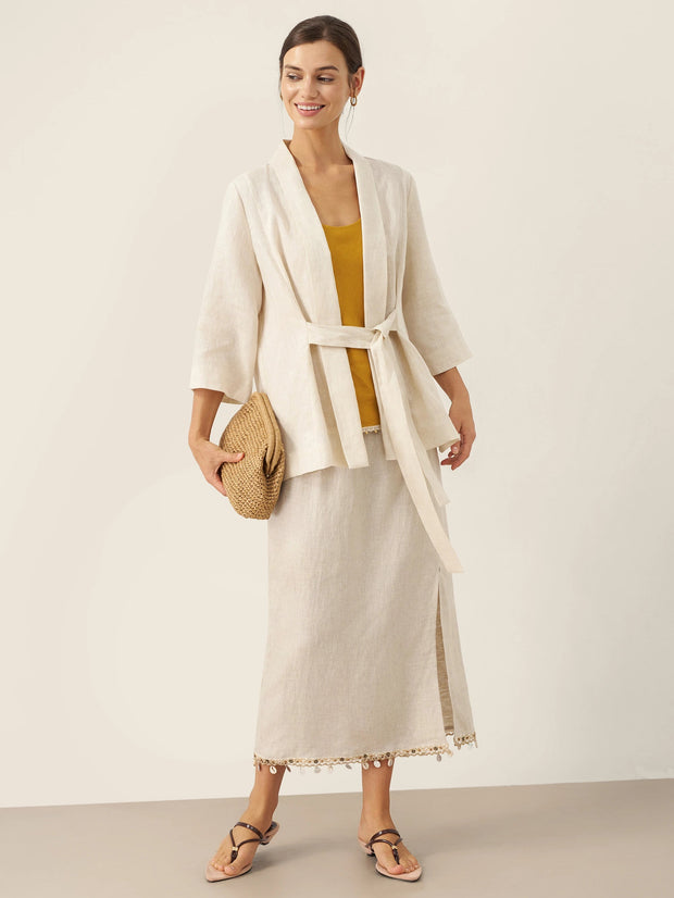 100% Linen Kimono Blazer with Adjustable Waist Tie – Stylish 3/4 Sleeve Design for Versatile Wear