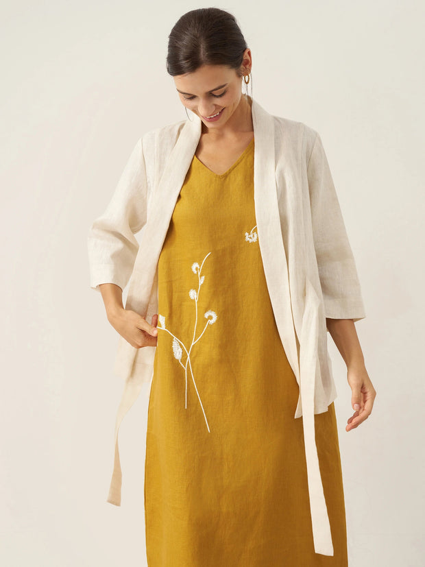 100% Linen Kimono Blazer with Adjustable Waist Tie – Stylish 3/4 Sleeve Design for Versatile Wear