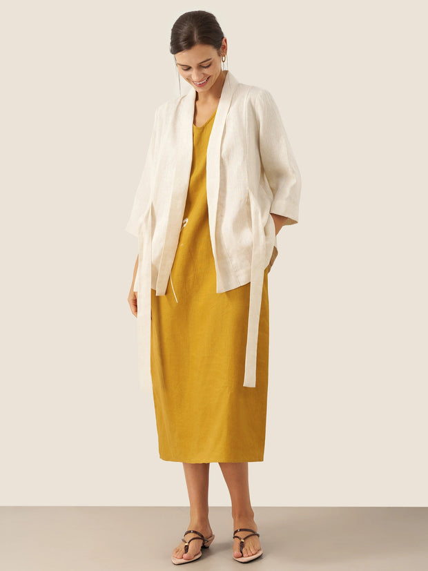 100% Linen Kimono Blazer with Adjustable Waist Tie – Stylish 3/4 Sleeve Design for Versatile Wear