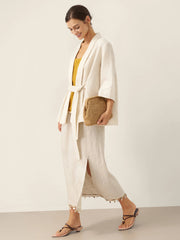 100% Linen Kimono Blazer with Adjustable Waist Tie – Stylish 3/4 Sleeve Design for Versatile Wear