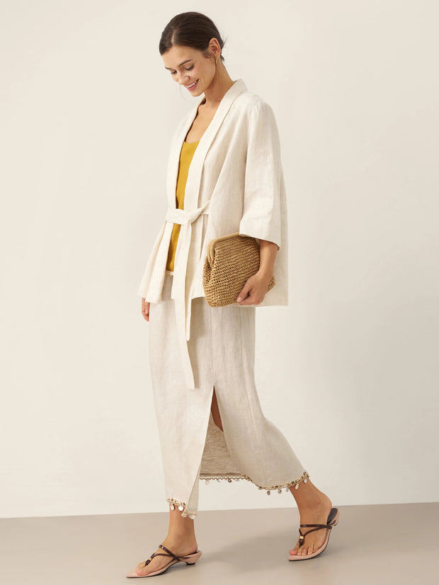 100% Linen Kimono Blazer with Adjustable Waist Tie – Stylish 3/4 Sleeve Design for Versatile Wear