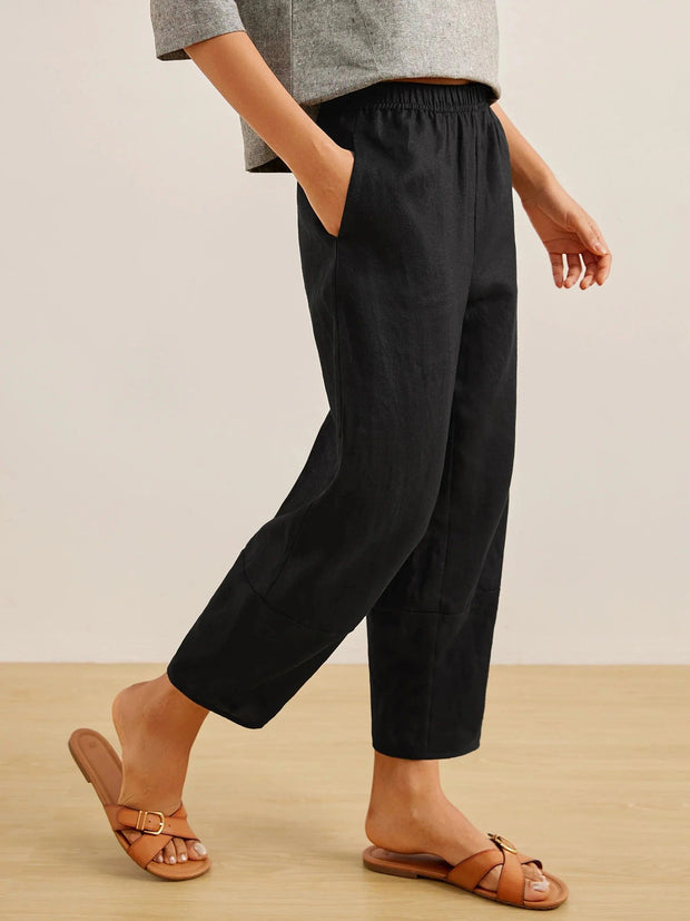 100% Linen Lantern Ankle Crop Pants with Elastic Waistband – Comfortable and Stylish