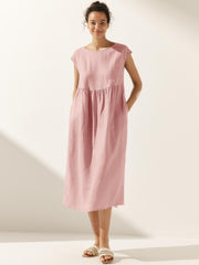 100% Linen Maxi Dress with Cap Sleeves and Side Pockets – Relaxed Fit for Effortless Style