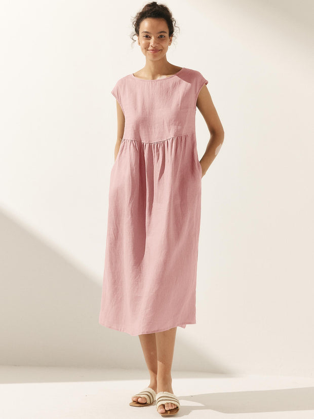 100% Linen Maxi Dress with Cap Sleeves and Side Pockets – Relaxed Fit for Effortless Style