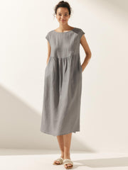 100% Linen Maxi Dress with Cap Sleeves and Side Pockets – Relaxed Fit for Effortless Style