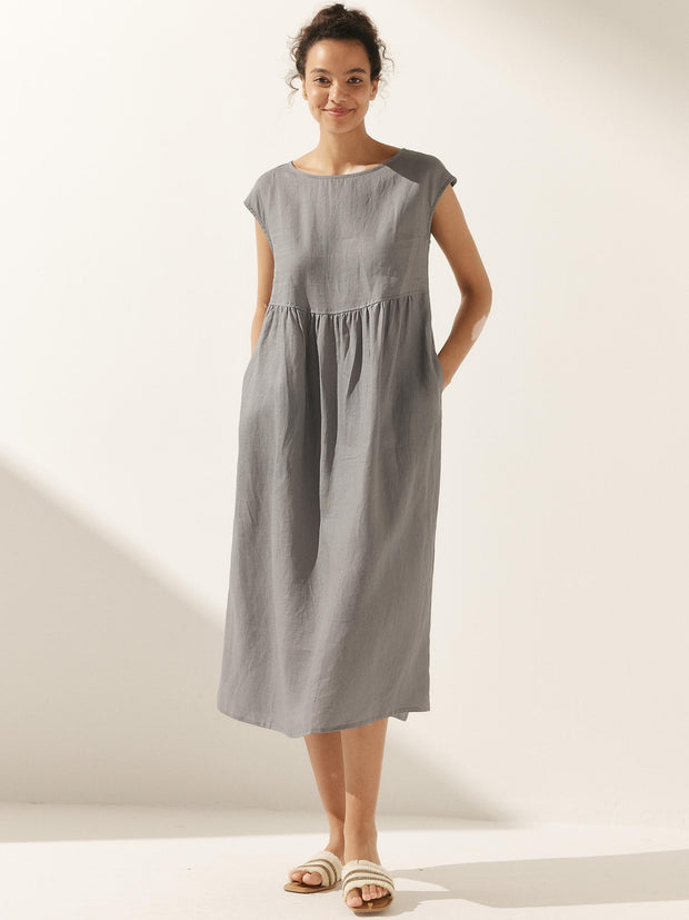 100% Linen Maxi Dress with Cap Sleeves and Side Pockets – Relaxed Fit for Effortless Style