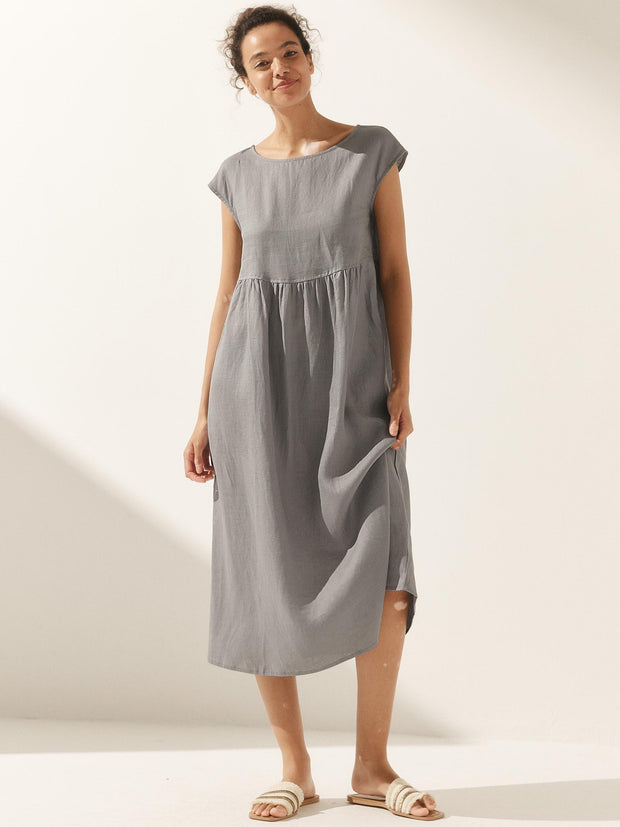 100% Linen Maxi Dress with Cap Sleeves and Side Pockets – Relaxed Fit for Effortless Style