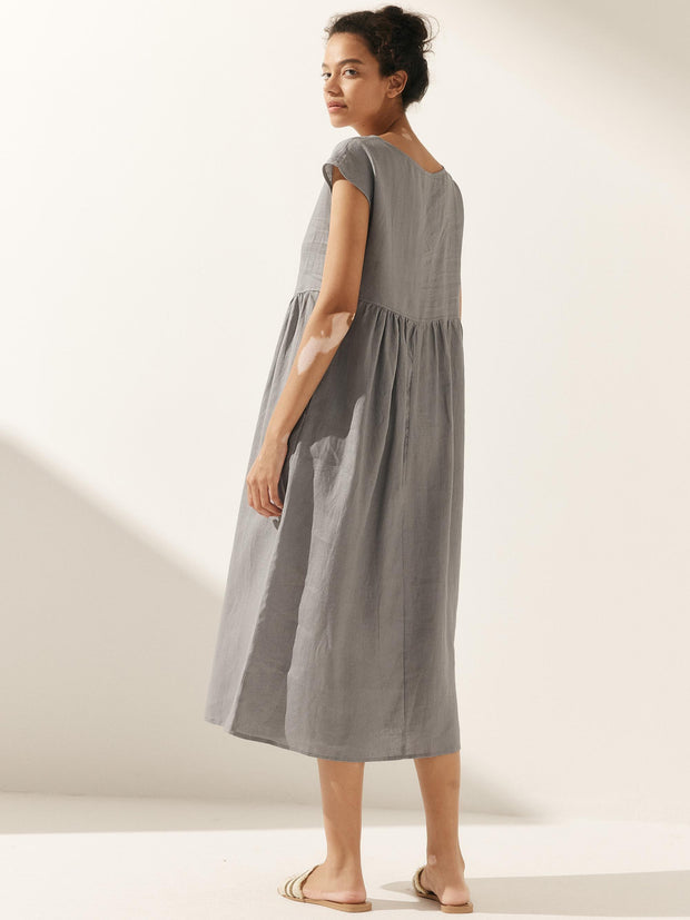 100% Linen Maxi Dress with Cap Sleeves and Side Pockets – Relaxed Fit for Effortless Style