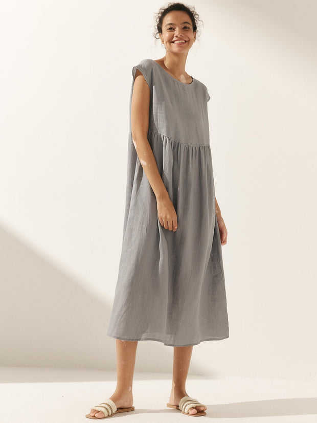100% Linen Maxi Dress with Cap Sleeves and Side Pockets – Relaxed Fit for Effortless Style