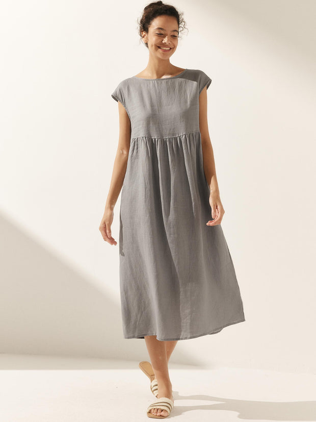 100% Linen Maxi Dress with Cap Sleeves and Side Pockets – Relaxed Fit for Effortless Style