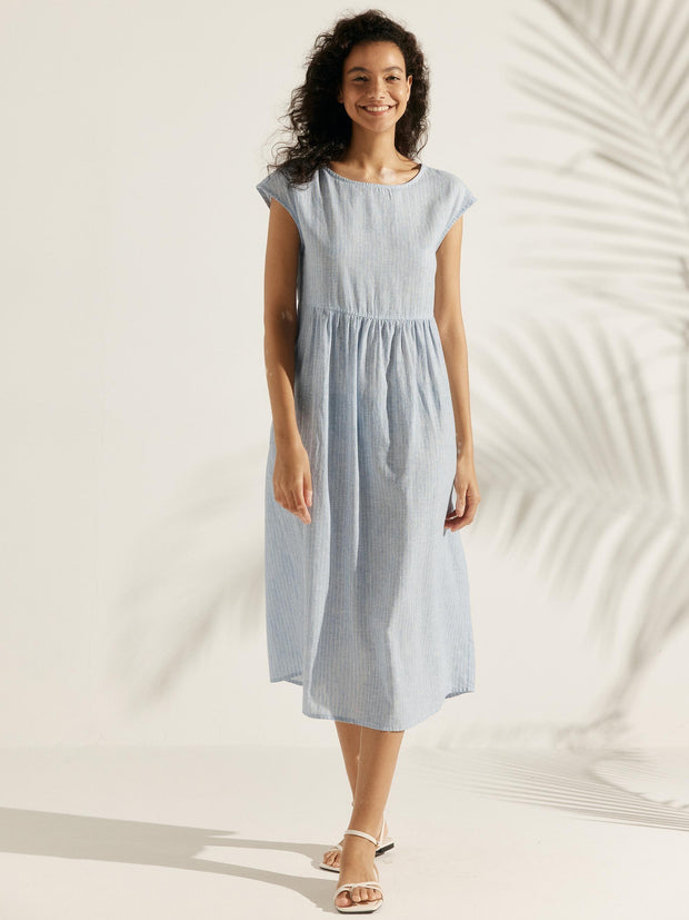 100% Linen Maxi Dress with Cap Sleeves and Side Pockets – Relaxed Fit for Effortless Style