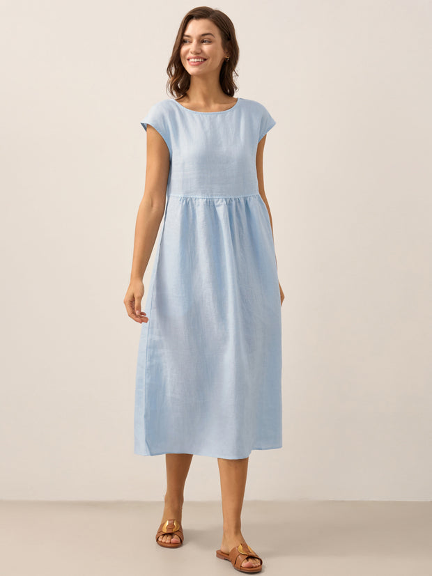 100% Linen Maxi Dress with Cap Sleeves and Side Pockets – Relaxed Fit for Effortless Style