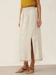 100% Linen Maxi Skirt for Women with Elastic Waist and Beaded Hem – Long Comfortable Skirt with Hidden Pockets