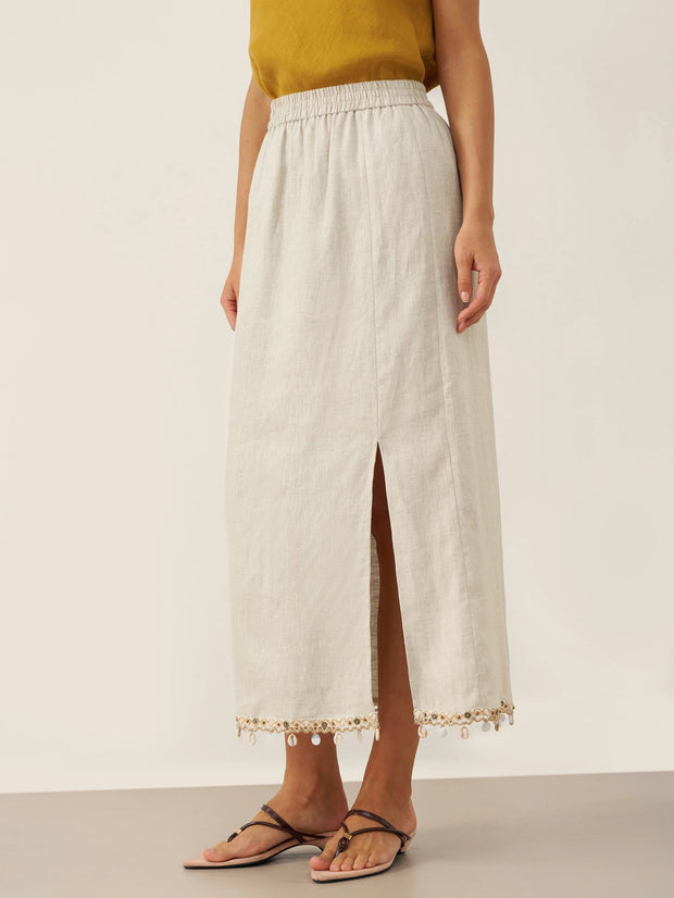 100% Linen Maxi Skirt for Women with Elastic Waist and Beaded Hem – Long Comfortable Skirt with Hidden Pockets