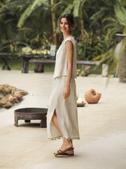 100% Linen Maxi Skirt for Women with Elastic Waist and Beaded Hem – Long Comfortable Skirt with Hidden Pockets