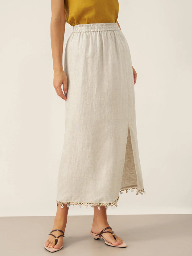 100% Linen Maxi Skirt for Women with Elastic Waist and Beaded Hem – Long Comfortable Skirt with Hidden Pockets