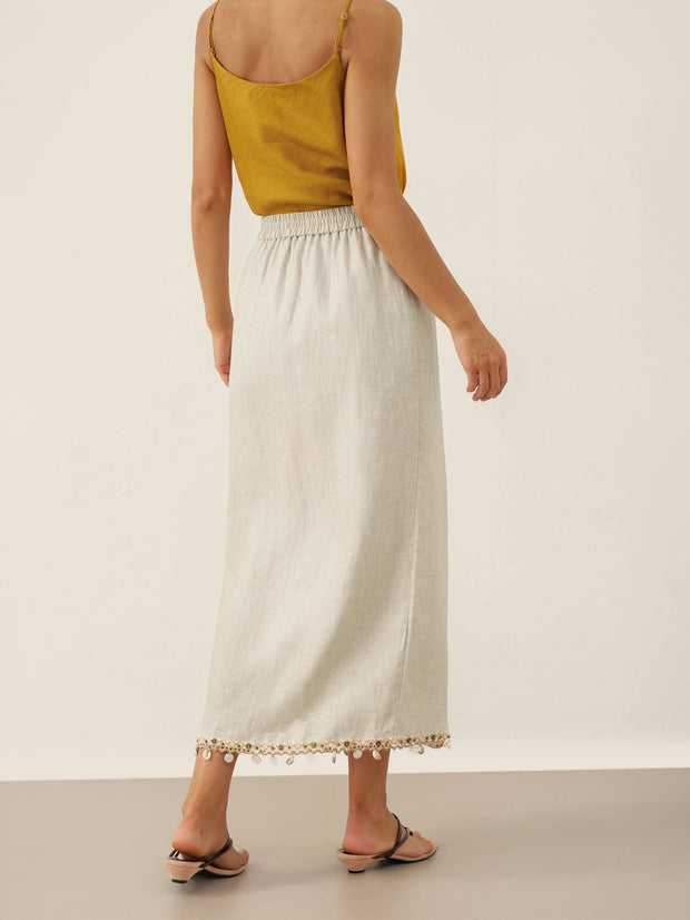 100% Linen Maxi Skirt for Women with Elastic Waist and Beaded Hem – Long Comfortable Skirt with Hidden Pockets