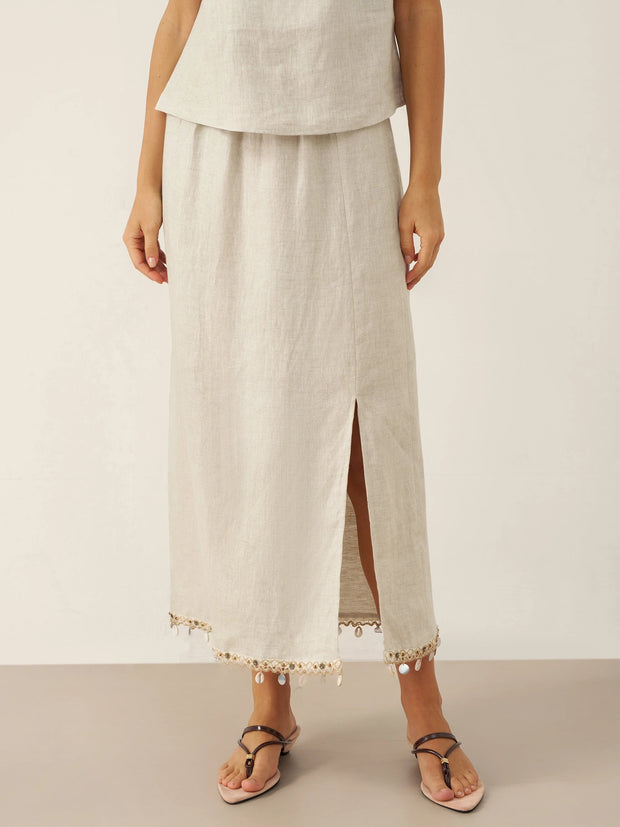 100% Linen Maxi Skirt for Women with Elastic Waist and Beaded Hem – Long Comfortable Skirt with Hidden Pockets