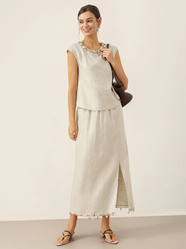 100% Linen Maxi Skirt for Women with Elastic Waist and Beaded Hem – Long Comfortable Skirt with Hidden Pockets