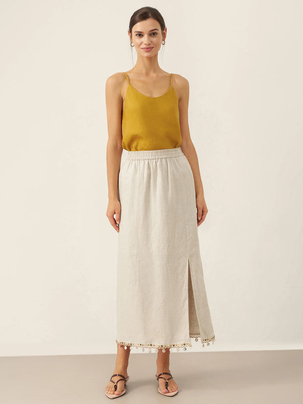100% Linen Maxi Skirt for Women with Elastic Waist and Beaded Hem – Long Comfortable Skirt with Hidden Pockets