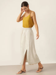 100% Linen Maxi Skirt for Women with Elastic Waist and Beaded Hem – Long Comfortable Skirt with Hidden Pockets