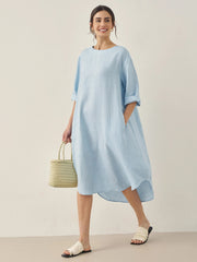 100% Linen Midi Dress with Bateau Neck and A-Line Silhouette – Elegant and Comfortable