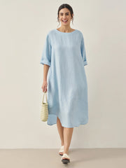 100% Linen Midi Dress with Bateau Neck and A-Line Silhouette – Elegant and Comfortable
