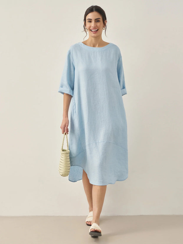 100% Linen Midi Dress with Bateau Neck and A-Line Silhouette – Elegant and Comfortable