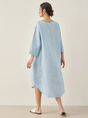100% Linen Midi Dress with Bateau Neck and A-Line Silhouette – Elegant and Comfortable